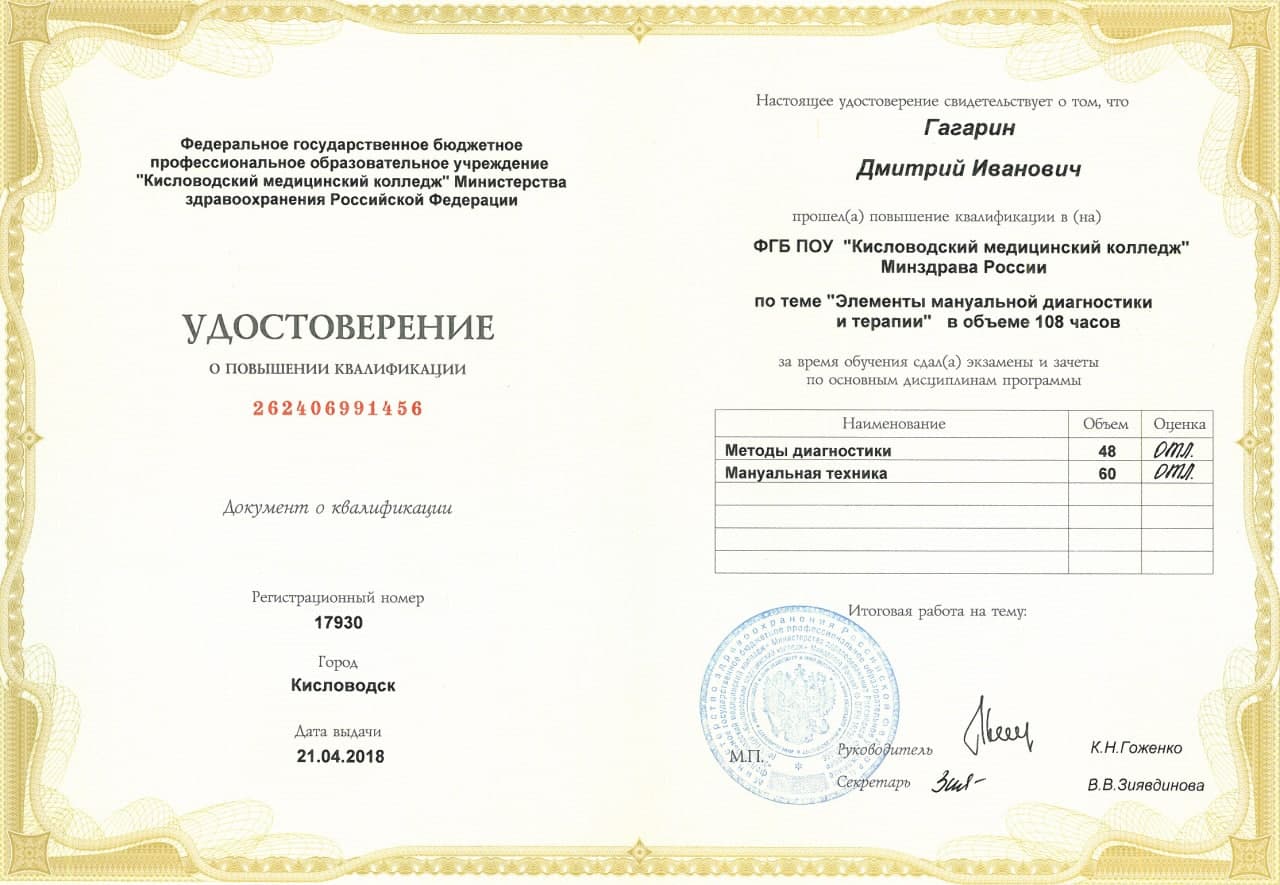 Сертификат мануалиста Гагарин Дмитрий Иванович
